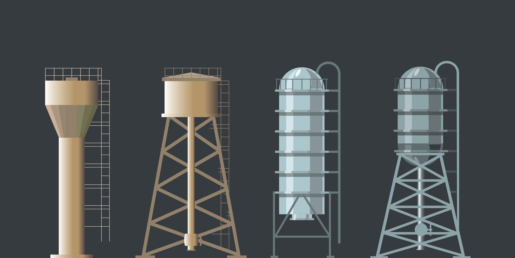 Set of farm structures - water towers and grain elevator.